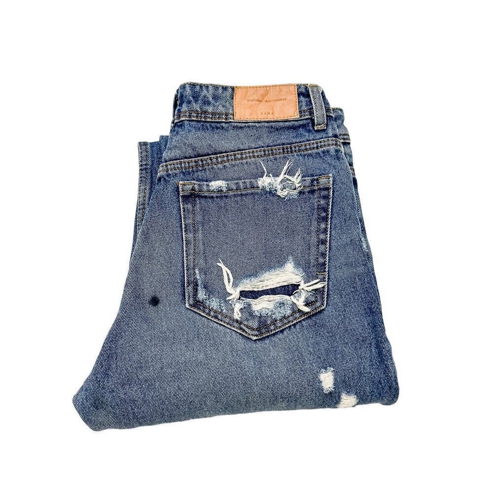 Zara Straight Leg Denim Distressed Jeans Raw Hem Ripped Throughout Size 2